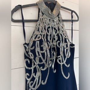 Vintage Alyce Navy Gold Sequin Beaded Mock Neck Evening Formal Dress 90s